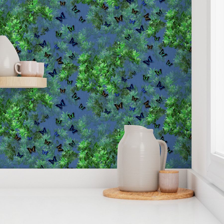 Elegant Dark Emerald Green Countryside Woodland Art, Whimsical Magical Butterfly World, Cobalt Blue Botanic Garden Flying Insects, Textured Paint Stroke Mural Nature Decor, Colorful Naturalist Forest Palette, MEDIUM SCALE