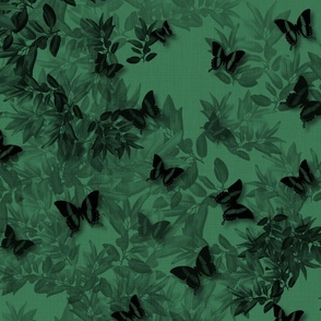 Dark Maximalist Butterfly Bedroom Wall Art, Emerald Green Painterly Brush Strokes Nature Mural, Night Sky Magical Woodland Forest, Butterfly Themed Decor, Textured Linen BackgroundLARGE SCALE