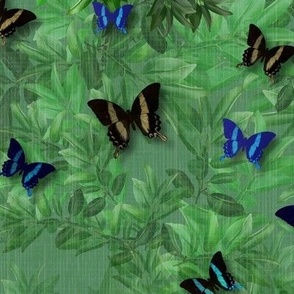 Whimsical Blue Butterflies Insect Illustration, Emerald Forest Green Home Decor, Magical Butterfly World Wall Art Decor, Linen Look Textured Paint Strokes, Vibrant Boho Woodland Scenery, MEDIUM SCALE