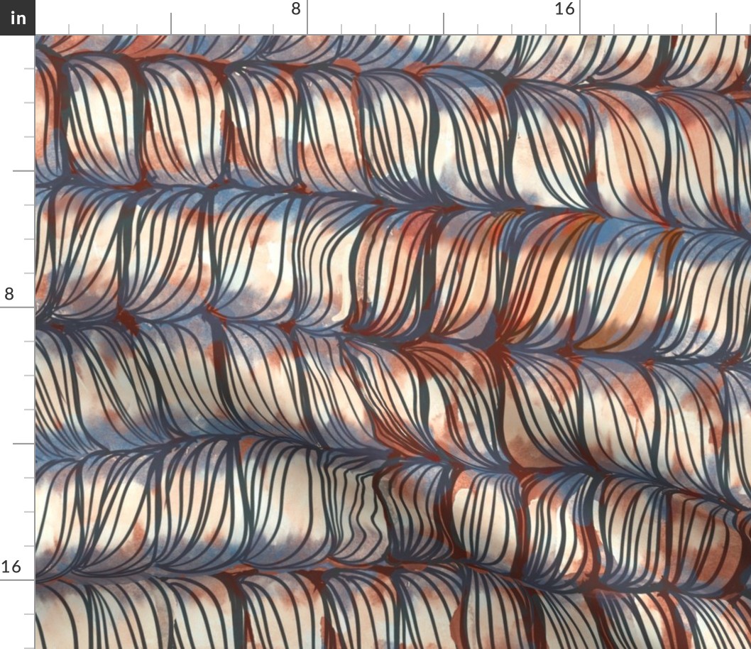Jute weave Hand Drawn Stitches with transparent watercolor-Large Scale Crème Rust and Blue