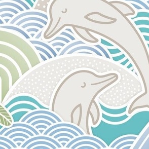 Sandcastle Beach- Summer Dolphins- Coastal- Nautical- Sun- Starfish- Palm Trees- Tropical- Kids Beach House Wallpaper- Blue- Gold- Sand- Extra Large
