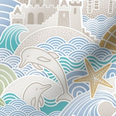 Sandcastle Beach- Summer Dolphins- Coastal- Nautical- Sun- Starfish- Palm Trees- Tropical- Kids Beach House Wallpaper- Blue- Gold- Sand- Medium