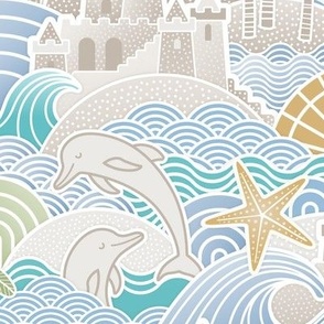 Sandcastle Beach- Summer Dolphins- Coastal- Nautical- Sun- Starfish- Palm Trees- Tropical- Kids Beach House Wallpaper- Blue- Gold- Sand- Medium