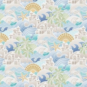 Sandcastle Beach- Summer Dolphins- Coastal- Nautical- Sun- Starfish- Palm Trees- Tropical- Kids Beach House Wallpaper- Blue- Gold- Sand- Mini