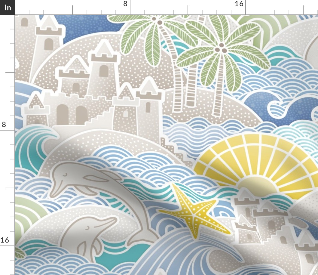 Sandcastle Beach- Summer Dolphins- Coastal- Nautical- Sun- Starfish- Palm Trees- Tropical- Kids Beach House Wallpaper- Blue- Yellow- Extra Large