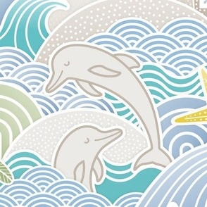 Sandcastle Beach- Summer Dolphins- Coastal- Nautical- Sun- Starfish- Palm Trees- Tropical- Kids Beach House Wallpaper- Blue- Yellow- Large