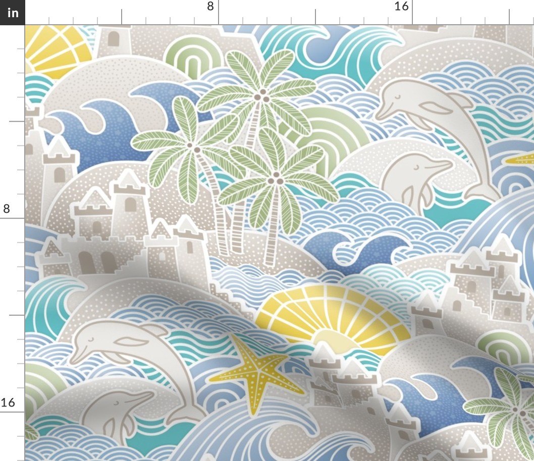 Sandcastle Beach- Summer Dolphins- Coastal- Nautical- Sun- Starfish- Palm Trees- Tropical- Kids Beach House Wallpaper- Blue- Yellow- Large