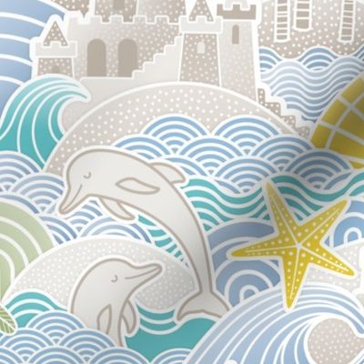 Sandcastle Beach- Summer Dolphins- Coastal- Nautical- Sun- Starfish- Palm Trees- Tropical- Kids Beach House Wallpaper- Blue- Yellow- Medium