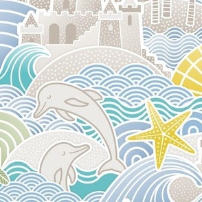 Sandcastle Beach- Summer Dolphins- Coastal- Nautical- Sun- Starfish- Palm Trees- Tropical- Kids Beach House Wallpaper- Blue- Yellow- Medium