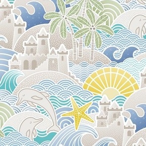 Sandcastle Beach- Summer Dolphins- Coastal- Nautical- Sun- Starfish- Palm Trees- Tropical- Kids Beach House Wallpaper- Blue- Yellow- Small