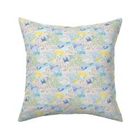 Sandcastle Beach- Summer Dolphins- Coastal- Nautical- Sun- Starfish- Palm Trees- Tropical- Kids Beach House Wallpaper- Blue- Yellow- Mini