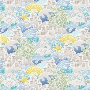 Sandcastle Beach- Summer Dolphins- Coastal- Nautical- Sun- Starfish- Palm Trees- Tropical- Kids Beach House Wallpaper- Blue- Yellow- Mini