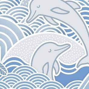 Sandcastle Beach- Summer Dolphins- Coastal- Nautical- Sun- Starfish- Palm Trees- Tropical- Kids Beach House Wallpaper- Monochromatic- Indigo Blue- Extra Large