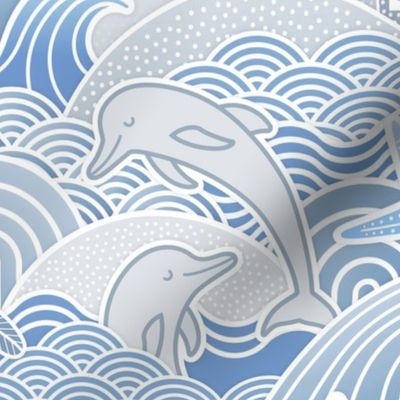 Sandcastle Beach- Summer Dolphins- Coastal- Nautical- Sun- Starfish- Palm Trees- Tropical- Kids Beach House Wallpaper- Monochromatic- Indigo Blue- Large