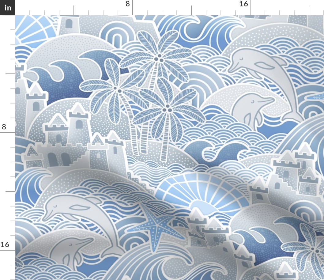 Sandcastle Beach- Summer Dolphins- Coastal- Nautical- Sun- Starfish- Palm Trees- Tropical- Kids Beach House Wallpaper- Monochromatic- Indigo Blue- Large