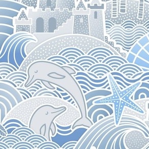 Sandcastle Beach- Summer Dolphins- Coastal- Nautical- Sun- Starfish- Palm Trees- Tropical- Kids Beach House Wallpaper- Monochromatic- Indigo Blue- Medium