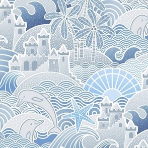 Sandcastle Beach- Summer Dolphins- Coastal- Nautical- Sun- Starfish- Palm Trees- Tropical- Kids Beach House Wallpaper- Monochromatic- Indigo Blue- Small