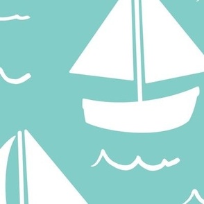 Large Sailboats, waves on teal green