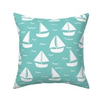 11x12 Sailboats, waves on teal green