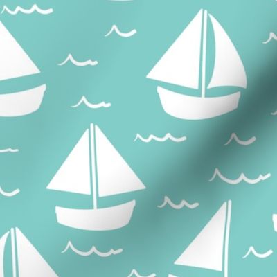 11x12 Sailboats, waves on teal green