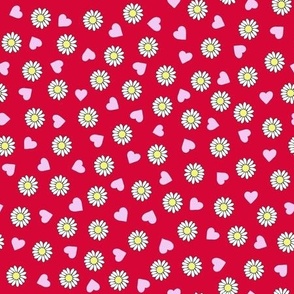 Daisies and pink hearts on red micro scale