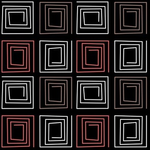 black pattern with geometric shapes white red beige color