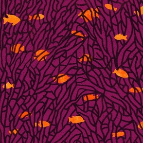 fish among coral labyrinth (deep magenta, orange, and black)