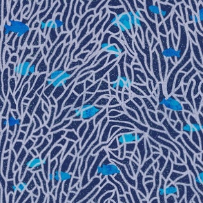 fish among coral labyrinth (shades of blue)