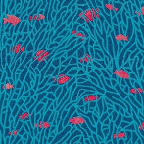 fish among coral labyrinth (teal and dark pink)