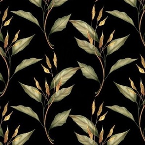 Floral pattern with green and gold leaves on black 2