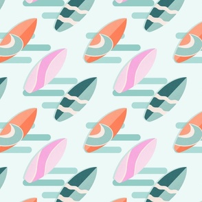 retro surfboards - pink, orange and teal - textured water background