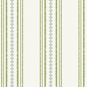 XL| Olive green Decorative parallel lines and stripes with sky blue diamond geometric shapes on off-white