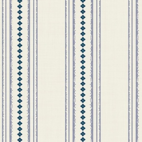 XL| Light denim blue Decorative parallel lines and stripes with dark  blue diamond geometric shapes on off-white