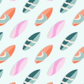 retro surfboards on plain background - orange, pink and teal