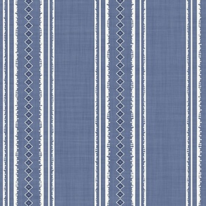 XL| White Decorative parallel lines and stripes with denim blue  diamond geometric shapes on mid denim