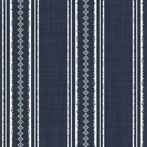 XL| White Decorative parallel lines and stripes with diamond geometric shapes on denim blue