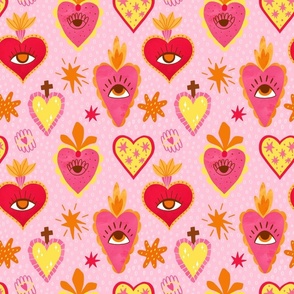 Pink Mexican sacred hearts, polka dots, eyes, stars