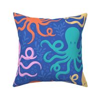 Octopus, Bubbles, Seaweed Waves, Multi Color on Blue / Medium