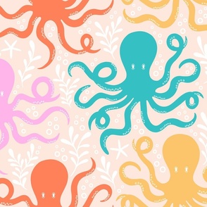 Octopus, Bubbles, Seaweed Waves, Multi Color on Peach / Medium