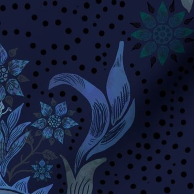24” repeat heritage nighttime blue hues block printed effect sunflowers with lacy spot ogees on dark moody midnight blue background