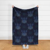 24” repeat heritage nighttime blue hues block printed effect sunflowers with lacy spot ogees on dark moody midnight blue background