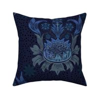 24” repeat heritage nighttime blue hues block printed effect sunflowers with lacy spot ogees on dark moody midnight blue background