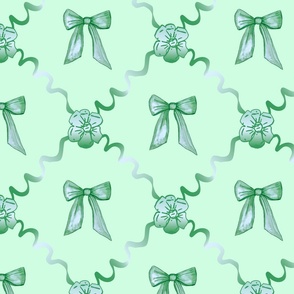 Medium - Green Bows Green Ribbons and Soft Green Roses on Mint Green