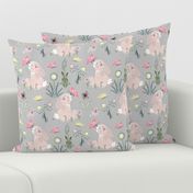 Cute rabbit with flowers and butterflies on a light gray background.