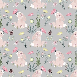 Cute rabbit with flowers and butterflies on a light gray background.
