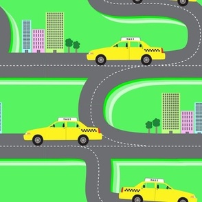 Taxi Cab Cars on City Roads Beep Beep on Neon Green
