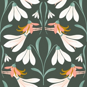 (L) Fairies and snowdrops in the spring garden - dark moody green