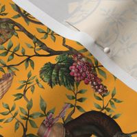 Small - Vintage Monkeys Garden Party - Antique Chinoiserie with drunk nostalgic monkeys mustard yellow- Marie Antoinette Chinoiserie inspired