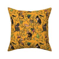 Small - Vintage Monkeys Garden Party - Antique Chinoiserie with drunk nostalgic monkeys mustard yellow- Marie Antoinette Chinoiserie inspired