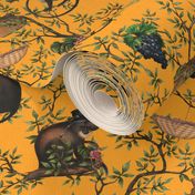 Small - Vintage Monkeys Garden Party - Antique Chinoiserie with drunk nostalgic monkeys mustard yellow- Marie Antoinette Chinoiserie inspired